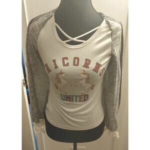 Jenna & Jessie “Unicorns United” White Shirt W/ A Built-In Gray Cardigan Size 8